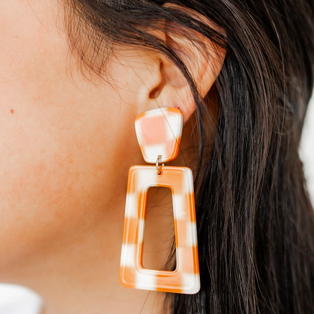 Linny Co | Kennedy Rectangular Drop Earrings in Orange Checker