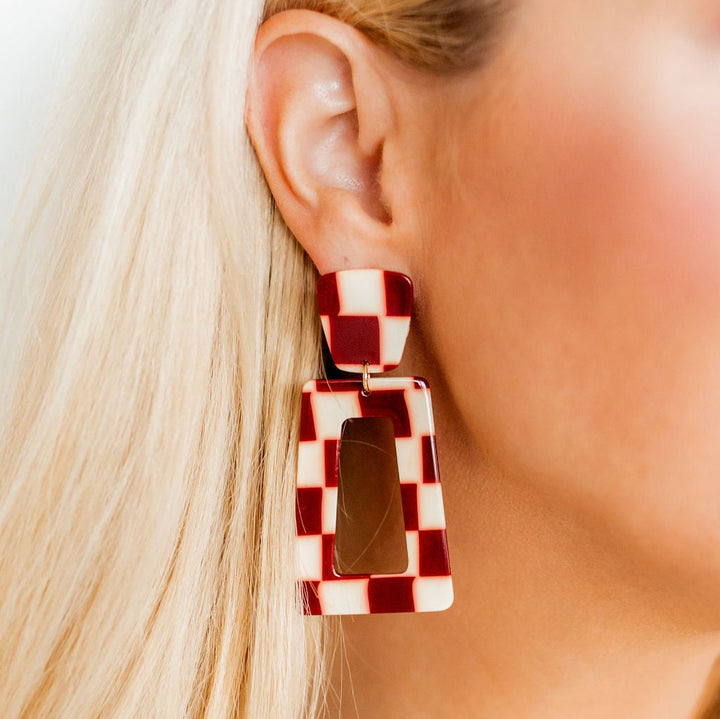 Linny Co | Kennedy Rectangular Drop Earrings in Maroon Checker