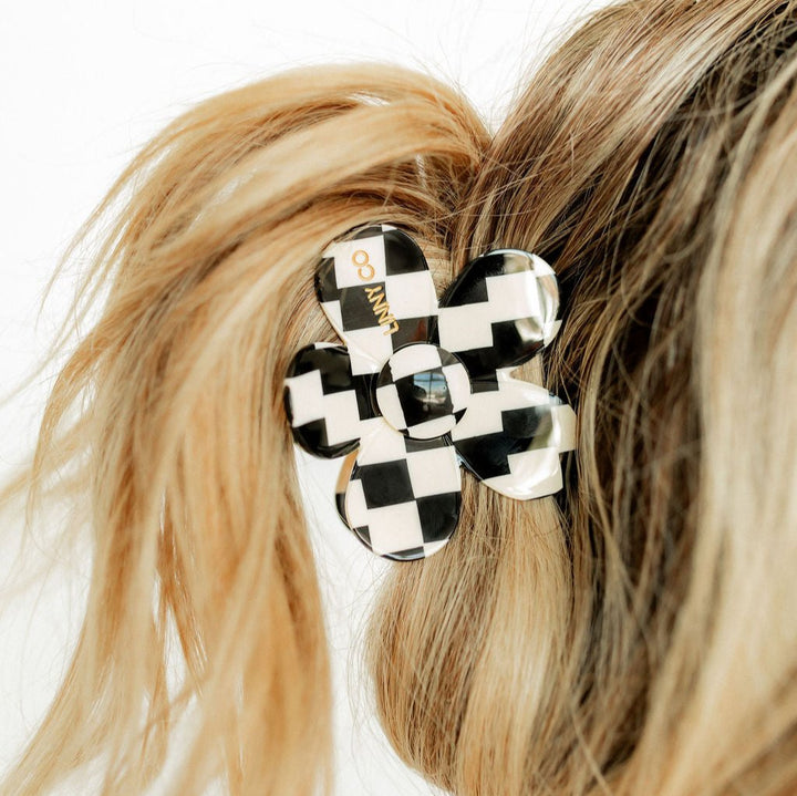Linny Co | Gigi Flower Hair Clip in Black and White Checker