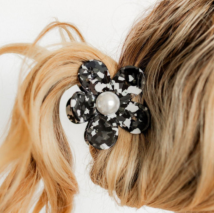 Linny Co | Gigi Flower Hair Clip in Black and White with Pearl Center