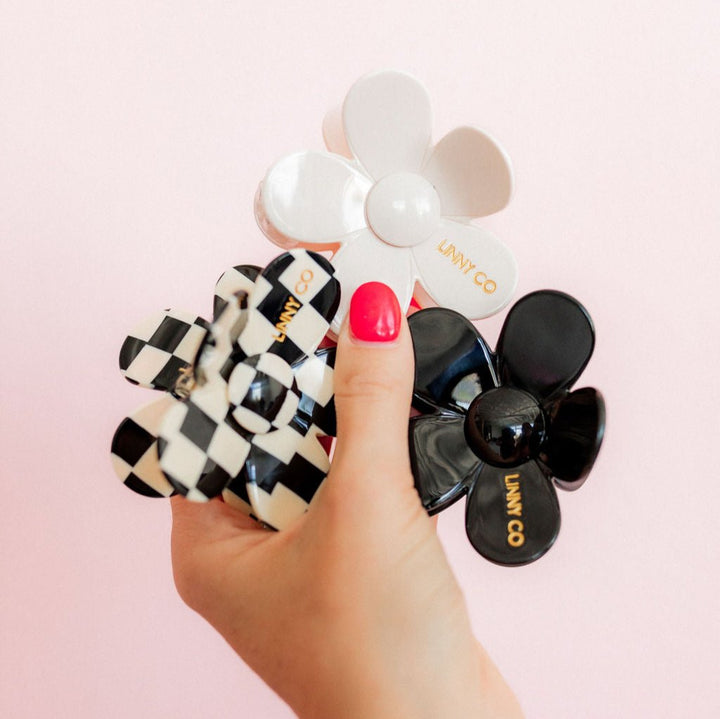 Linny Co | Gigi Flower Hair Clip in Black and White Checker