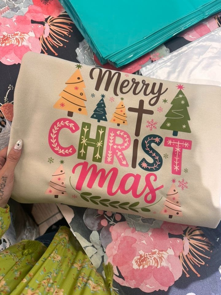Custom Made to Order | Merry Christmas Colorful Cross Graphic Tee or Sweatshirt in Multiple Printing Options on Sand