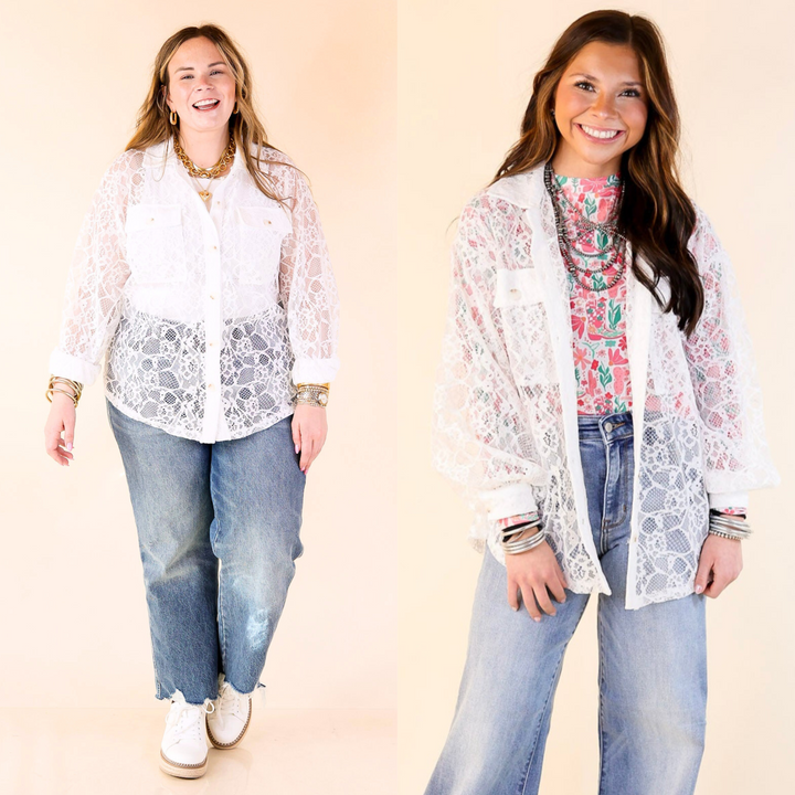 This top features a classic collar, button-up design, delicate lace details, two front pockets and long sleeves. Sizes small through plus sizes.