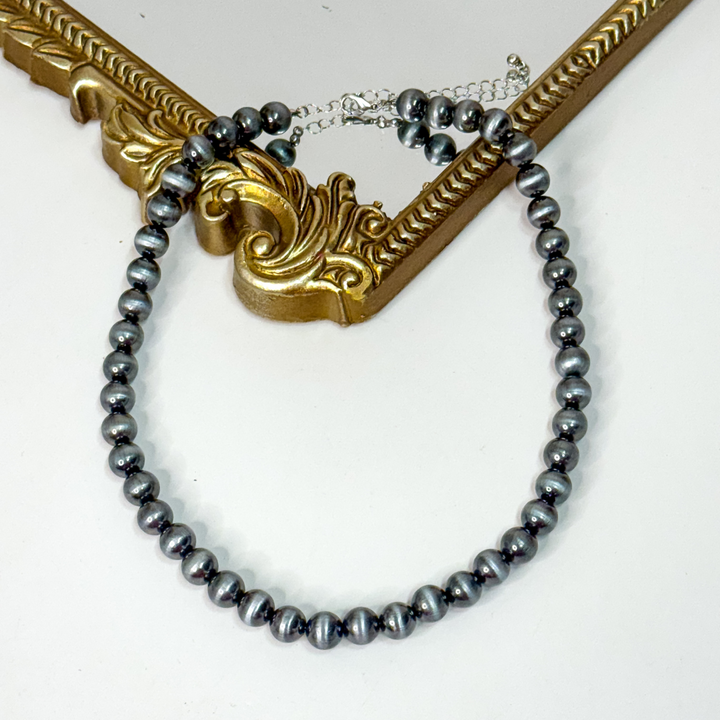 Faux Navajo Pearl Necklace, 10mm silver beaded western cowgirl jewelry, 18 inches long with 3-inch adjustable chain.