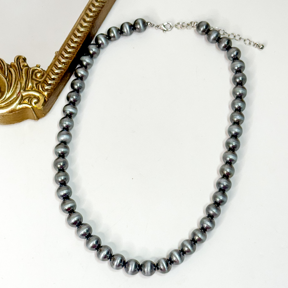 Faux Navajo Pearl Necklace, 10mm silver beaded western cowgirl jewelry, 18 inches long with 3-inch adjustable chain.