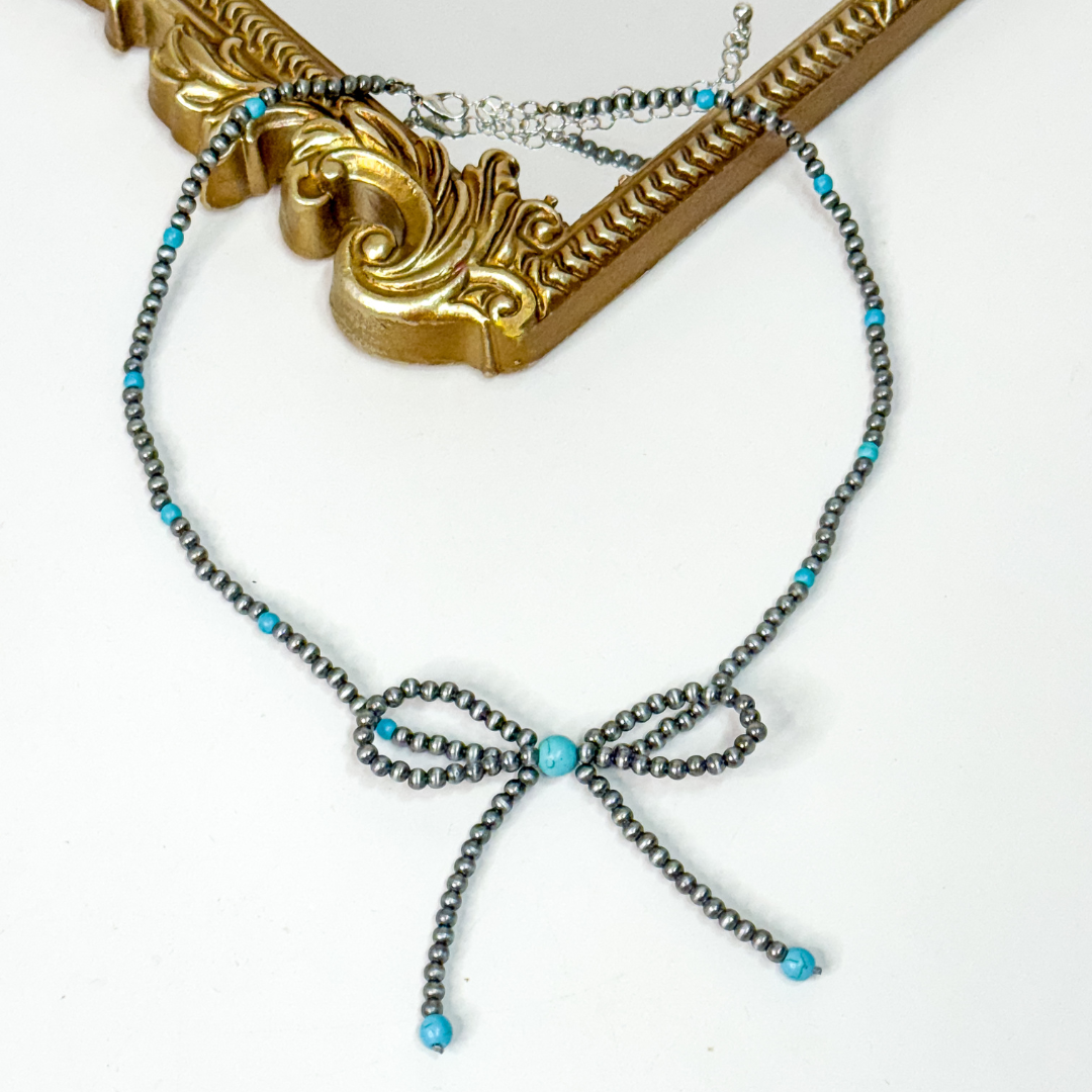 Faux Navajo Pearl & Turquoise Bow Necklace 🎀 western cowgirl jewelry, silver beaded necklace with turquoise accents and bow design.