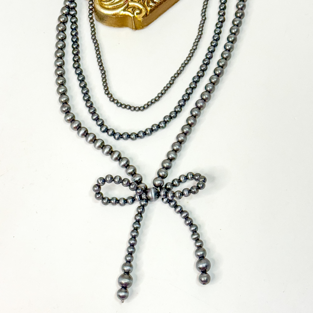 Faux Navajo Pearl 3-Strand Bow Necklace 🎀 western cowgirl jewelry with graduated 4mm, 6mm, and 8mm silver beaded layers, 15–20 inches with extender.