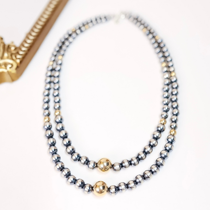 Navajo Pearl & 14K Gold Necklace – Handmade Sterling Silver Beaded Statement Necklace (16" OR 18")