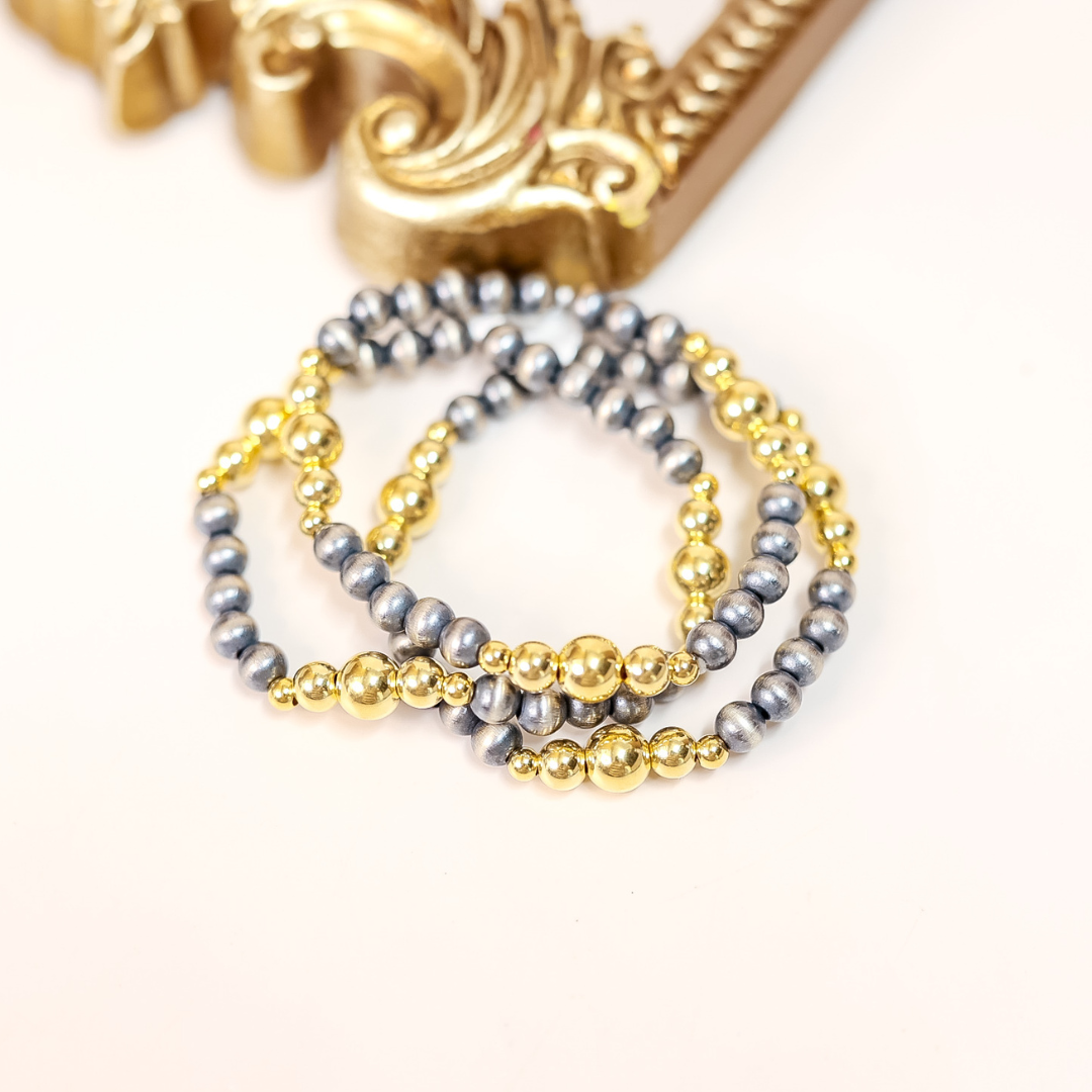 Stretch bracelet with 6mm sterling silver Navajo pearls and 14K gold-filled beads, handmade and designed for easy everyday wear.