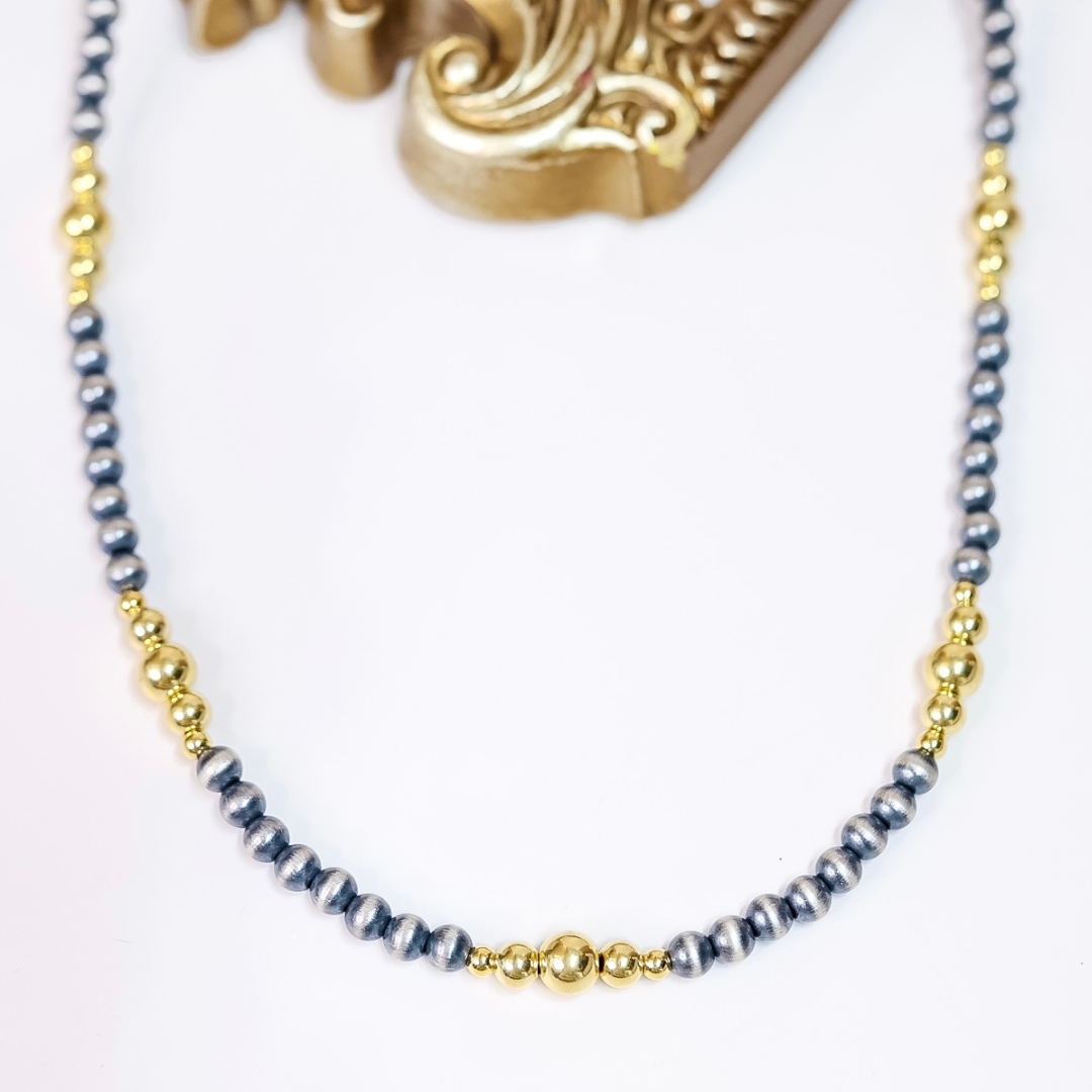 Hand-strung Navajo pearl and 14K gold-plated bead necklace with 6mm silver pearls and mixed gold accents, 20 inches long with adjustable 2-inch extender.