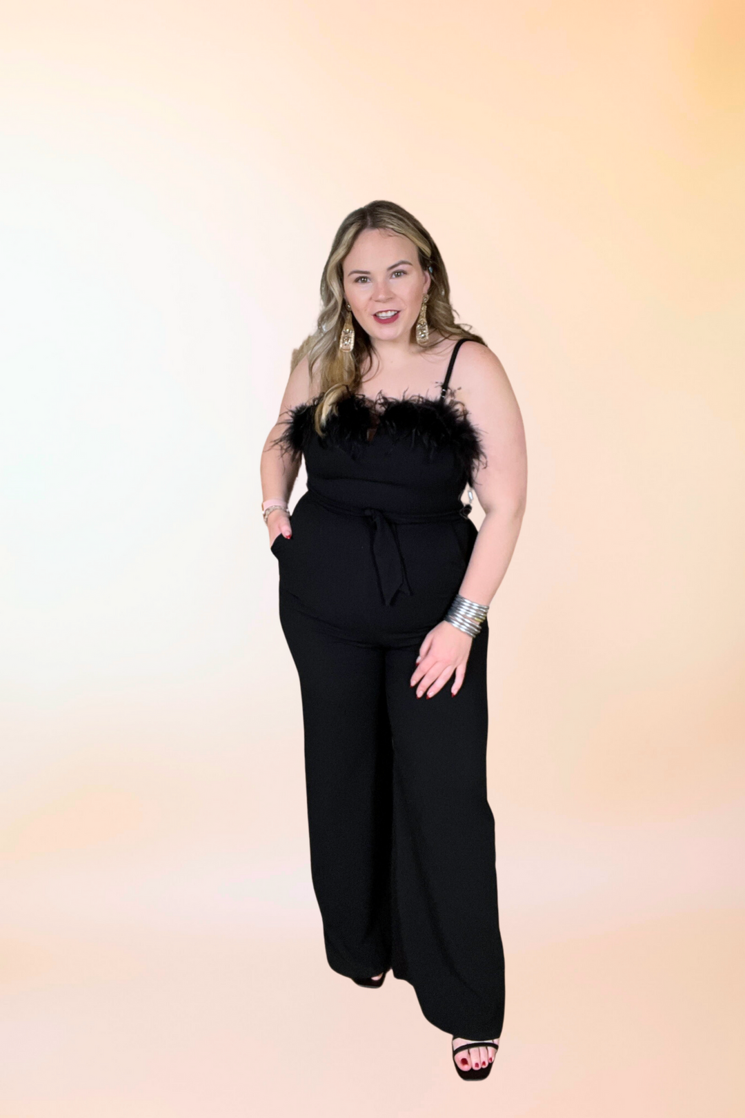 Cue The Lights Feather Jumpsuit with Waist Tie in Black - Giddy Up Glamour Boutique