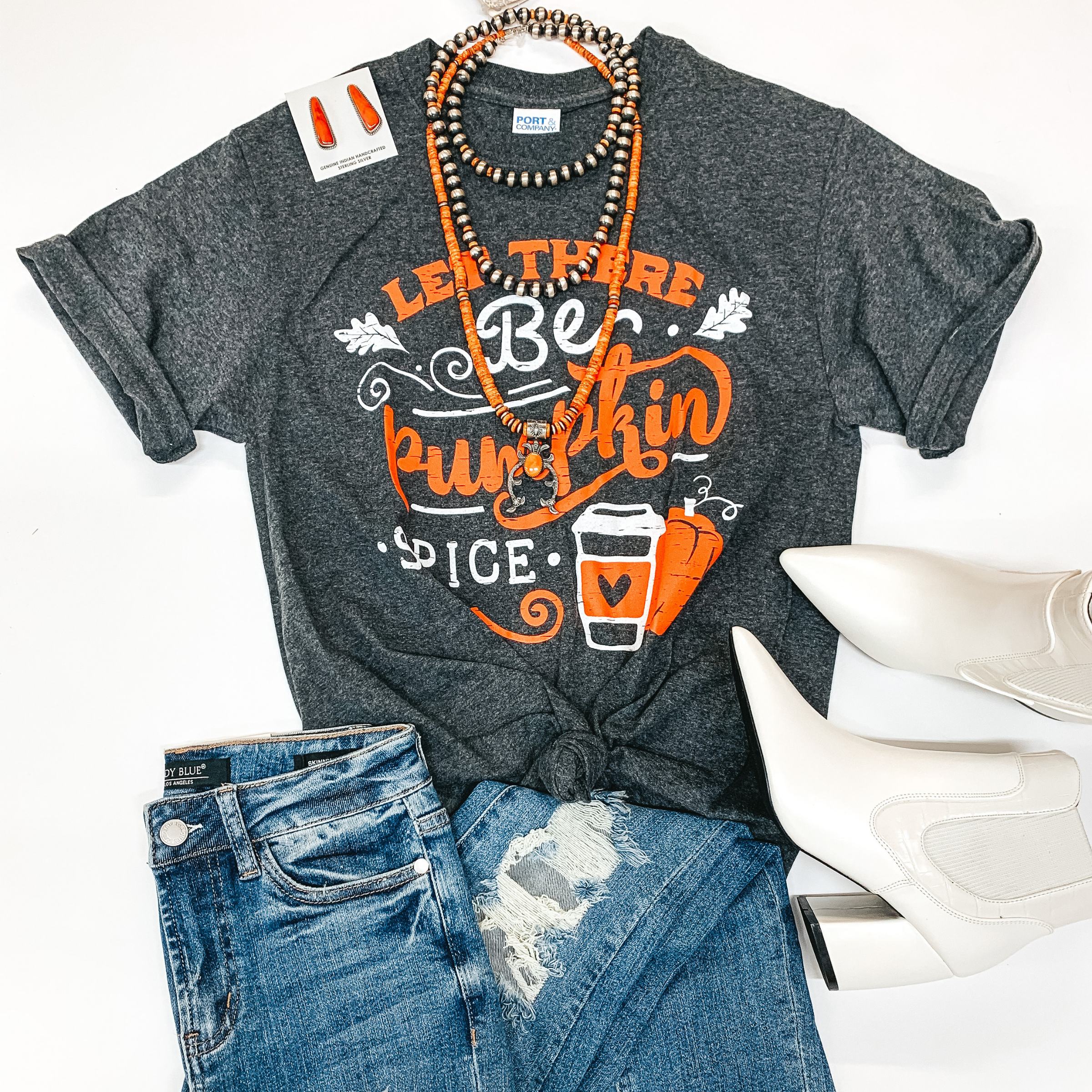Let There Be Pumpkin Spice Short Sleeve Graphic Tee in Heather Grey - Giddy Up Glamour Boutique