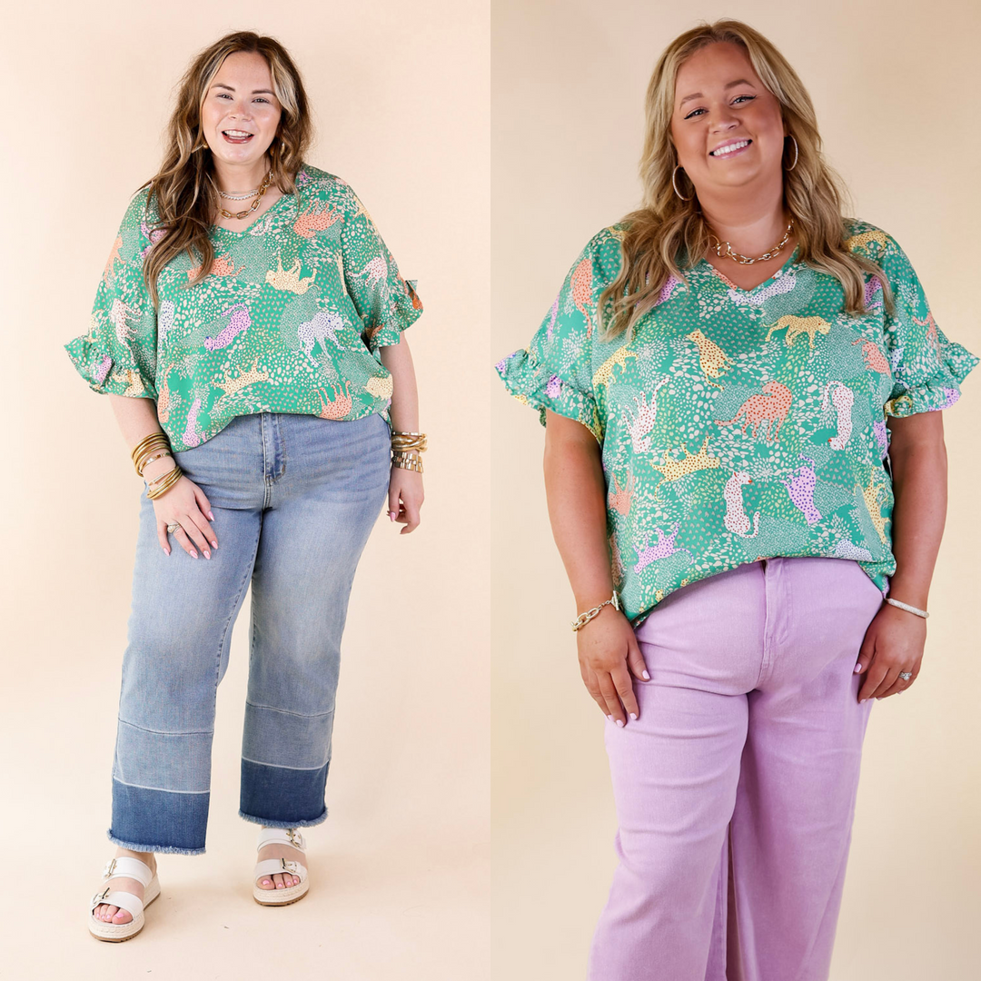 Best Version Cheetah Print V Neck Top with Ruffle Short Sleeves in Green Mix - Giddy Up Glamour Boutique