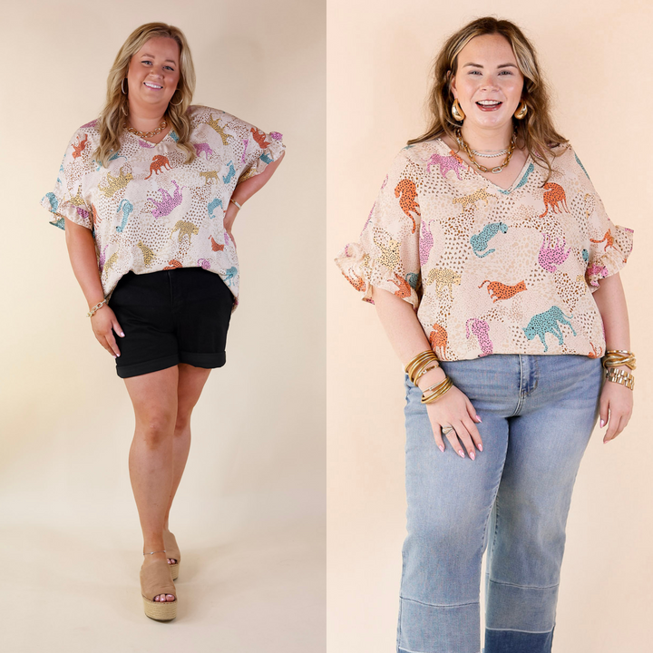 Best Version Cheetah Print V Neck Top with Ruffle Short Sleeves in Beige Mix - Giddy Up Glamour Boutique