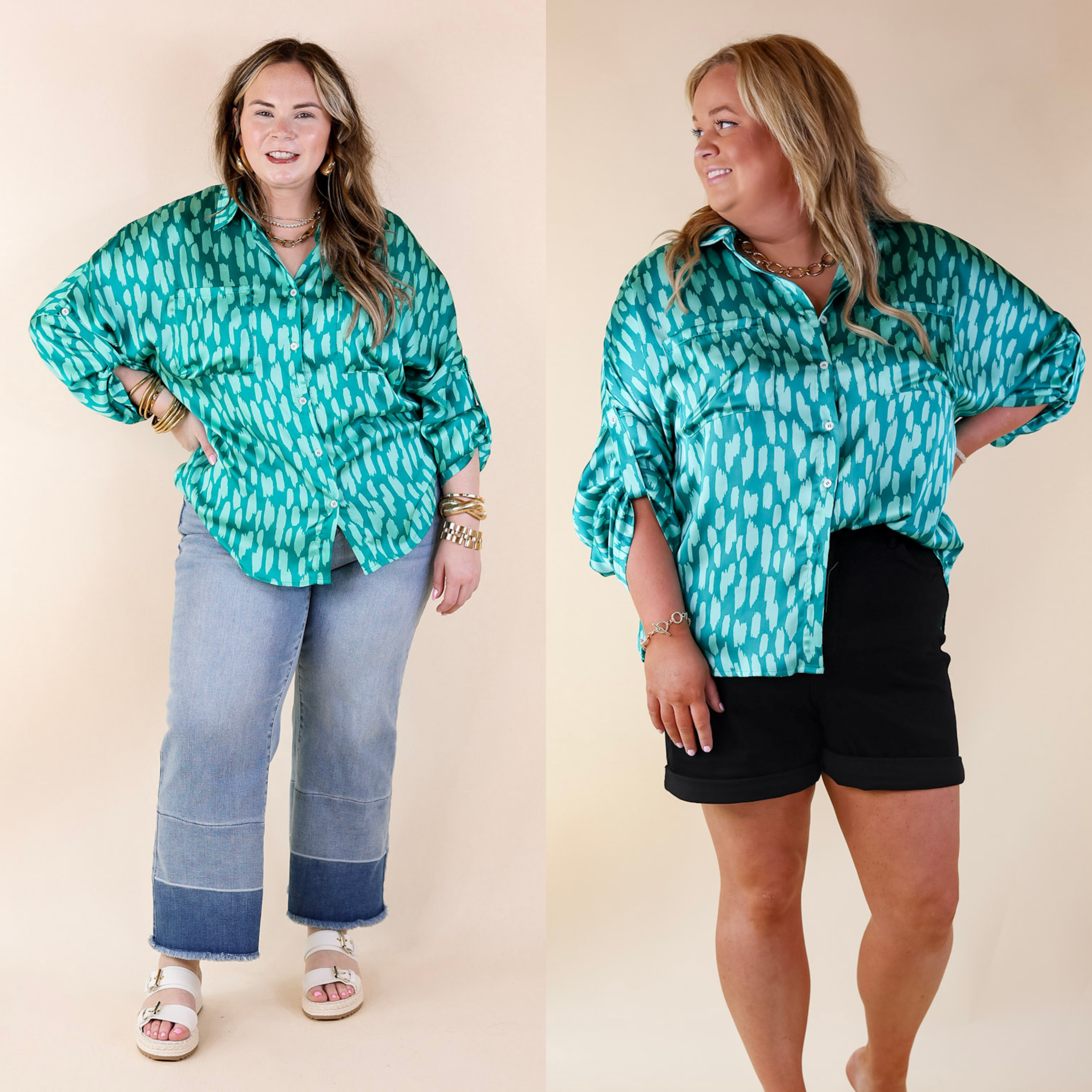 A Perfect Day Button Up Poncho Top in Teal Green Mix - Giddy Up Glamour Boutique