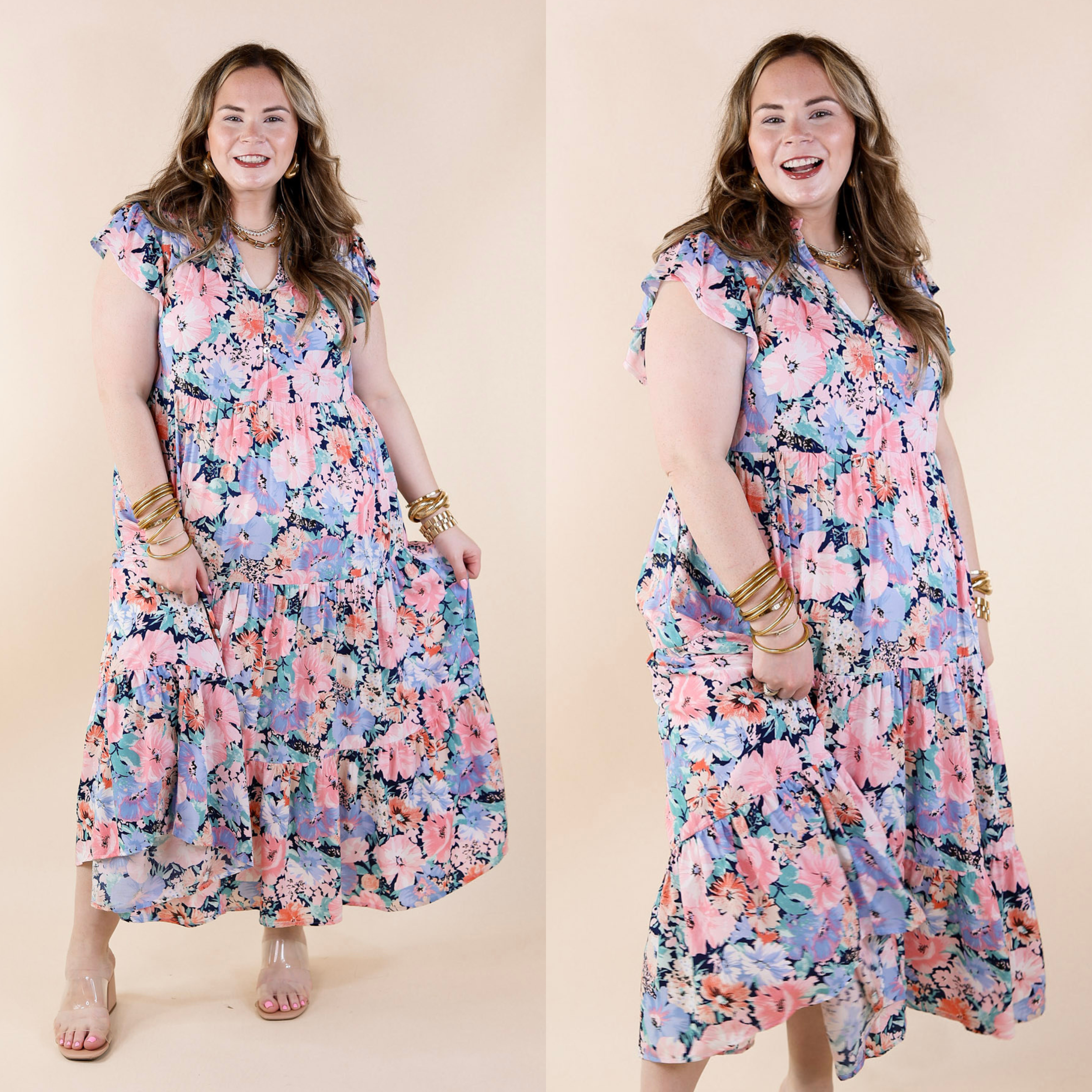 Strolling Down Sunset Floral Tiered Midi Dress in Pink and Blue Mix - Giddy Up Glamour Boutique