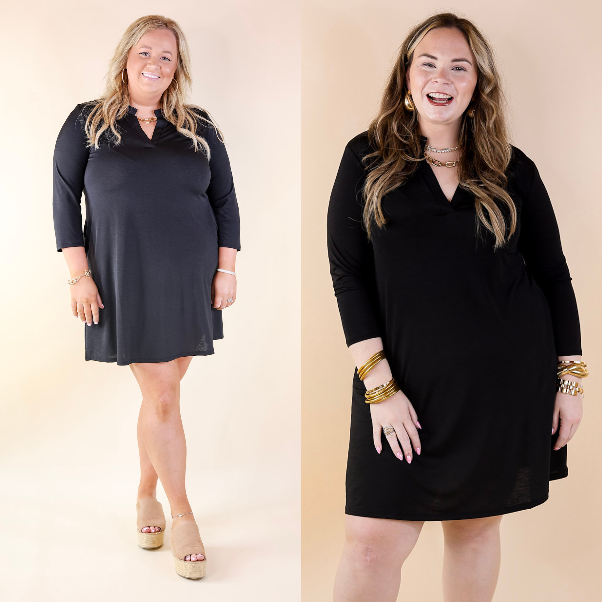 Best Discovery 3/4 Sleeve Mandarin Collar Dress in Black - Giddy Up Glamour Boutique