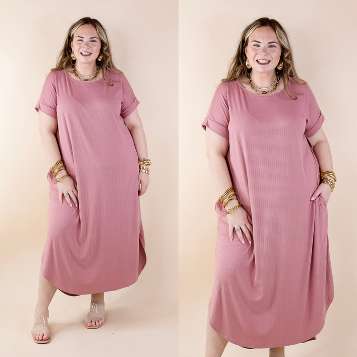 Chill Looks Short Sleeve Ribbed Midi Dress in Mauve - Giddy Up Glamour Boutique