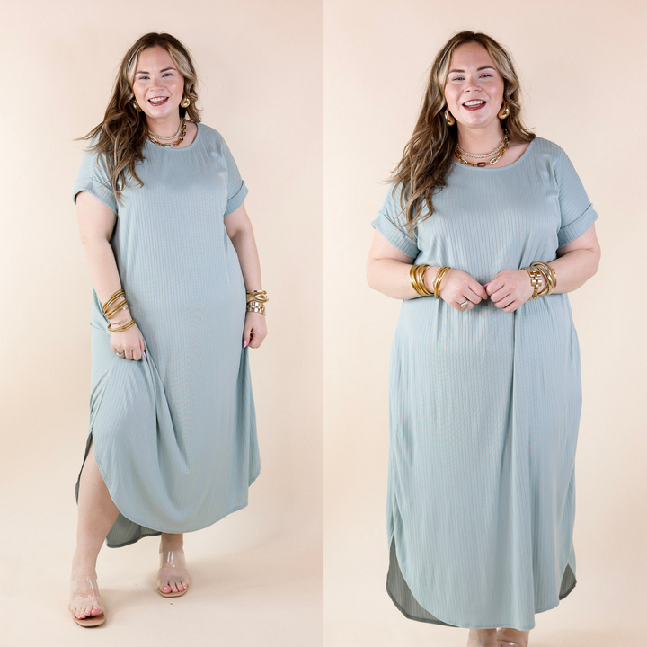 Chill Looks Short Sleeve Ribbed Midi Dress in Sage Green - Giddy Up Glamour Boutique