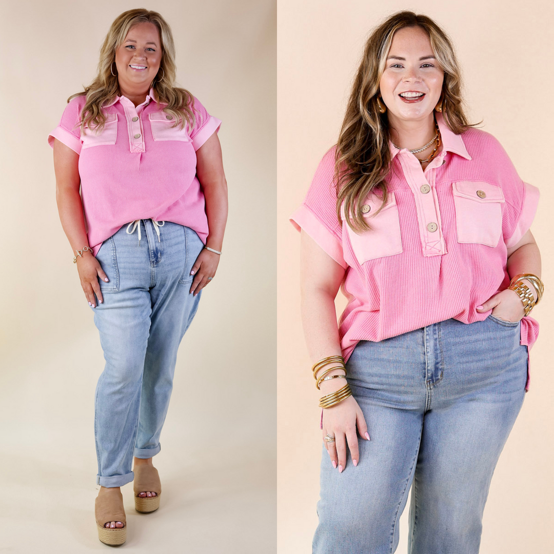 Vibe Check Waffle Knit Collared Top in Pink - Giddy Up Glamour Boutique
