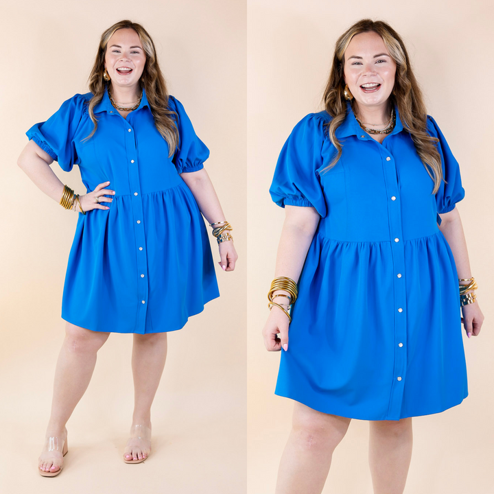 Adventures Ahead Button Up Babydoll Dress in Bright Blue - Giddy Up Glamour Boutique