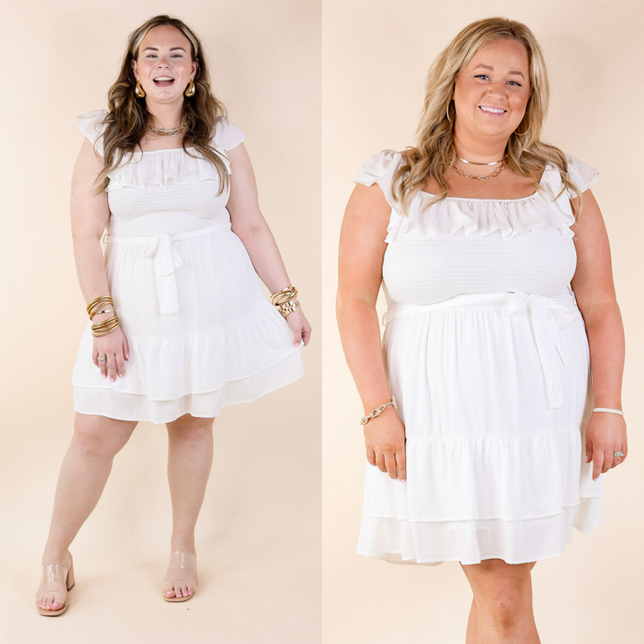 Feeling Refined Ruffle Tiered Dress with Smocked Bodice in Ivory - Giddy Up Glamour Boutique