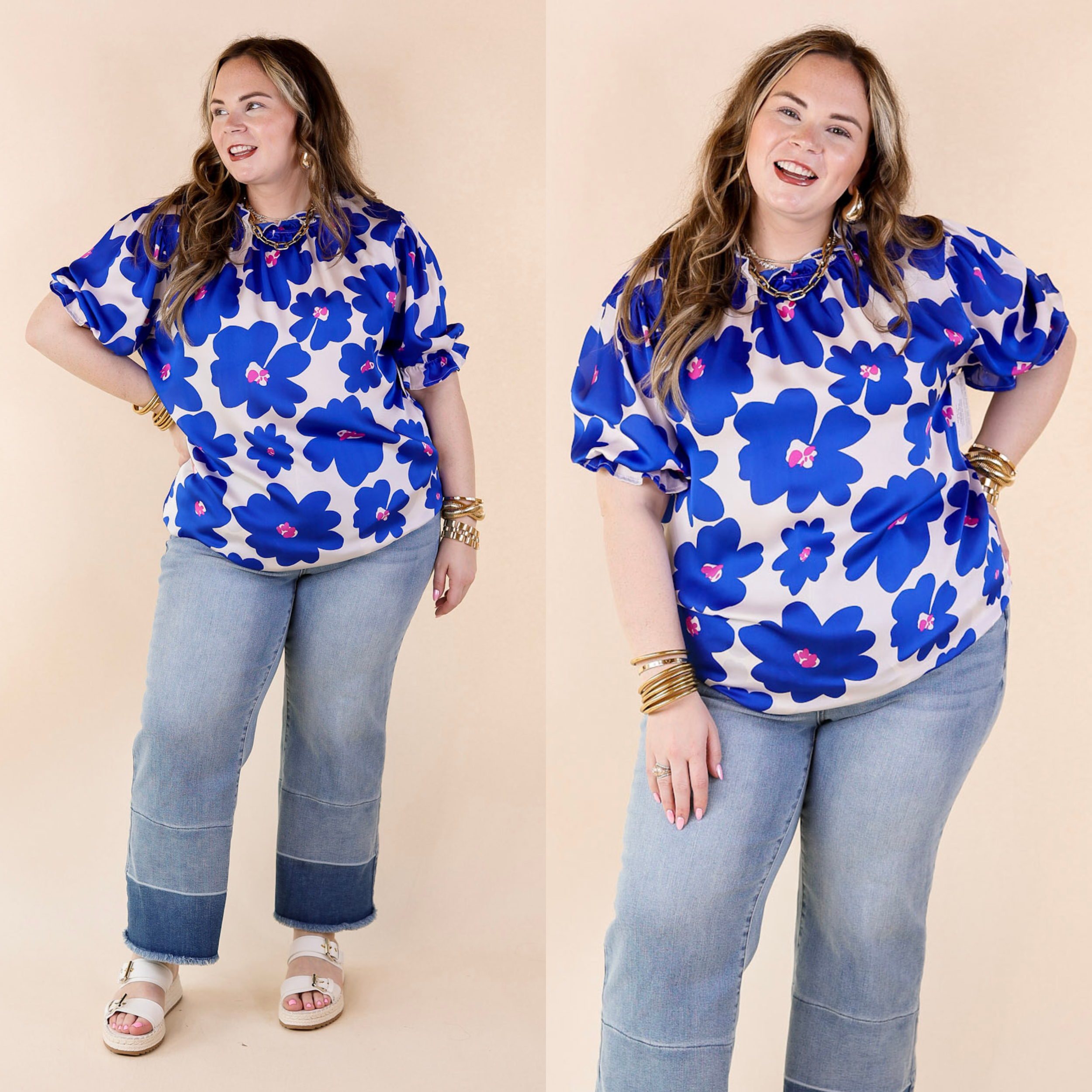 Divine Design Floral Blouse With Puffed Sleeve and Ruffle Neckline in Cobalt Blue - Giddy Up Glamour Boutique