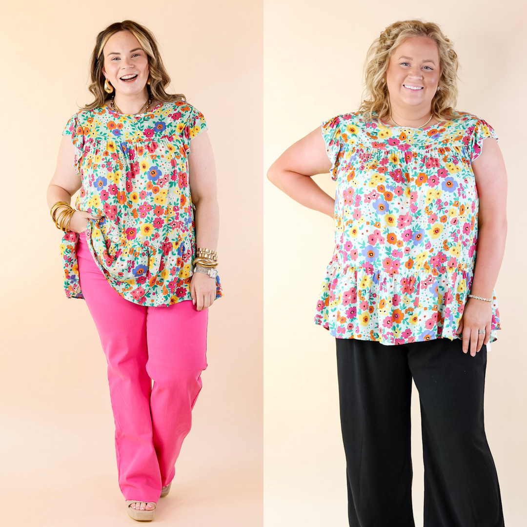 Full of Life Multicolor Floral Ruffle Sleeve Top in Light Green - Giddy Up Glamour Boutique
