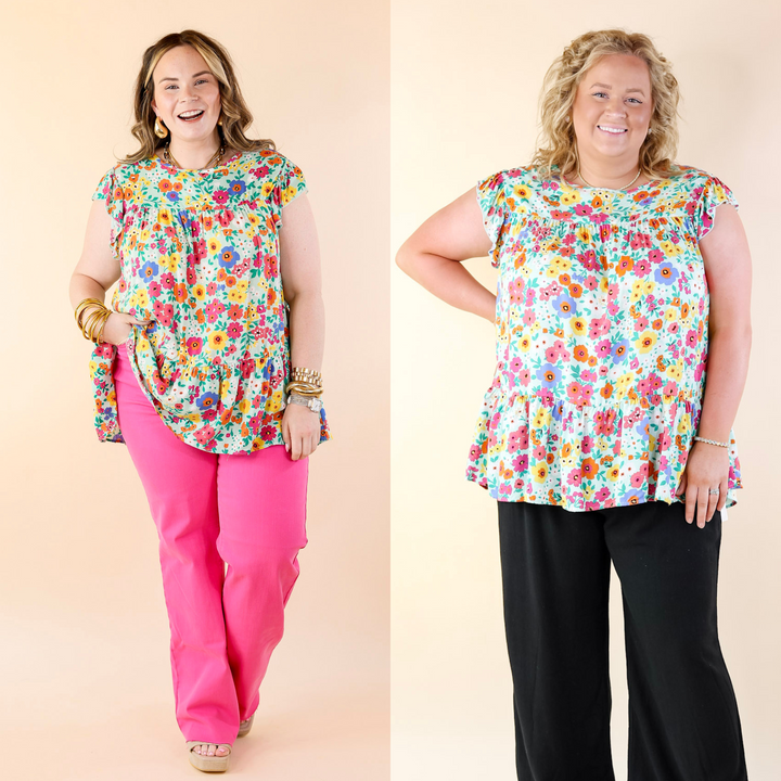 Full of Life Multicolor Floral Ruffle Sleeve Top in Light Green - Giddy Up Glamour Boutique