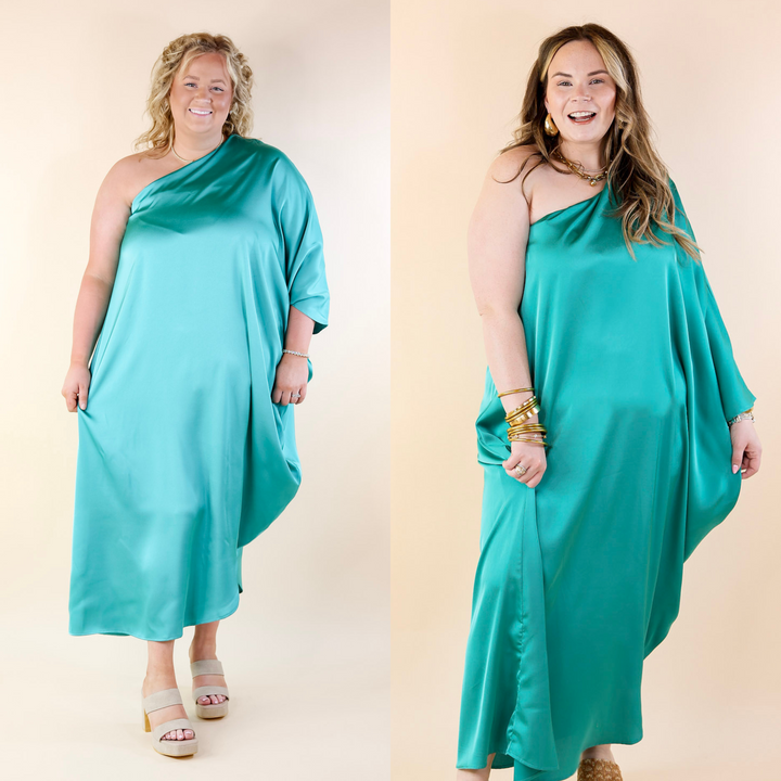 Sweet Romance One Shoulder Satin Drape Midi Dress in Turquoise - Giddy Up Glamour Boutique