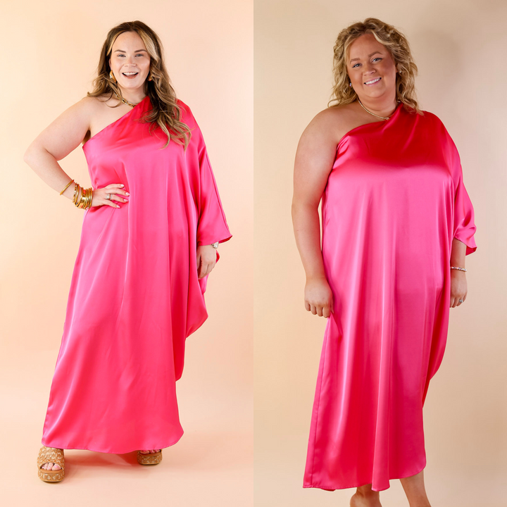Sweet Romance One Shoulder Satin Drape Midi Dress in Hot Pink - Giddy Up Glamour Boutique