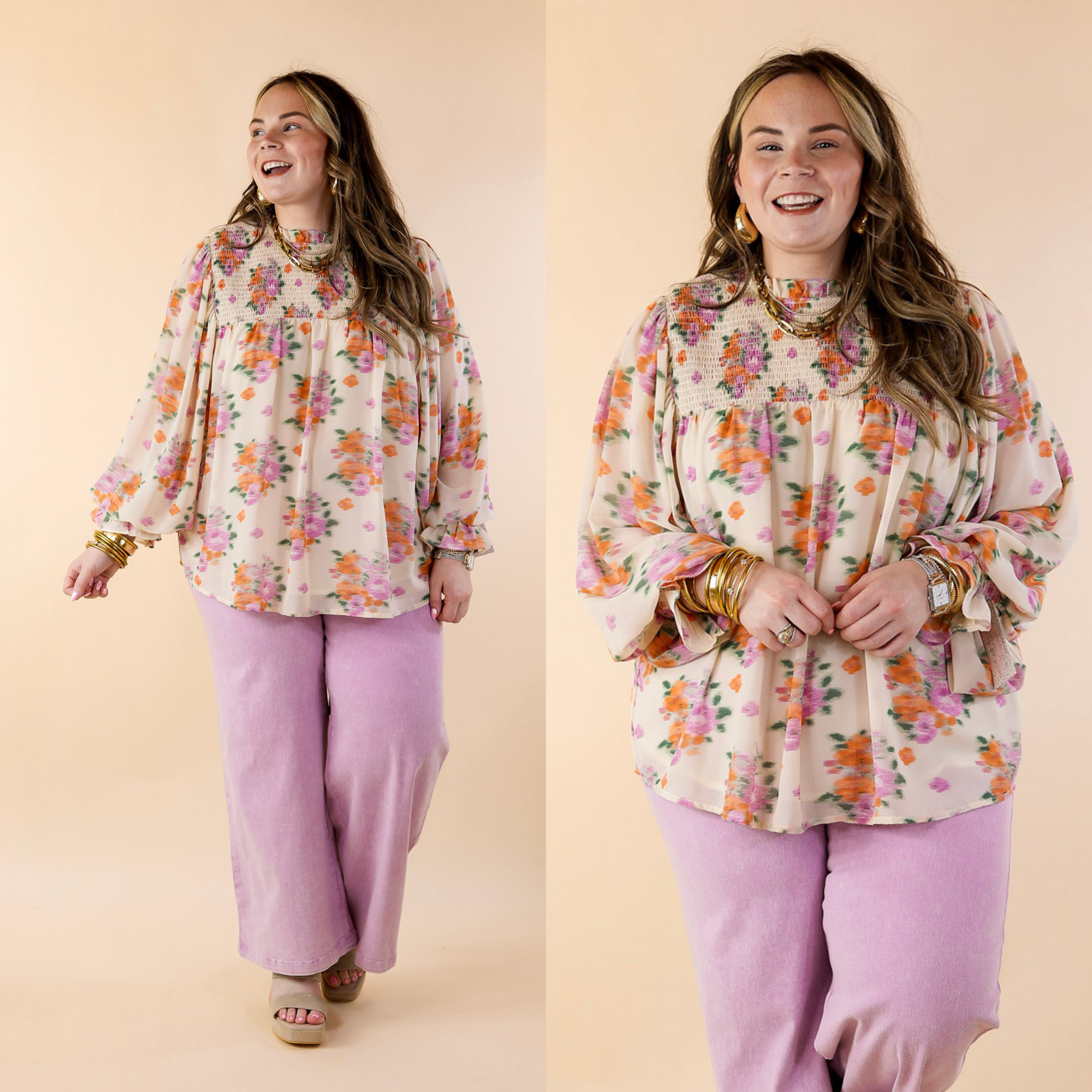 Garden Glow Watercolor Floral Print Blouse with High Neckline in Ivory - Giddy Up Glamour Boutique