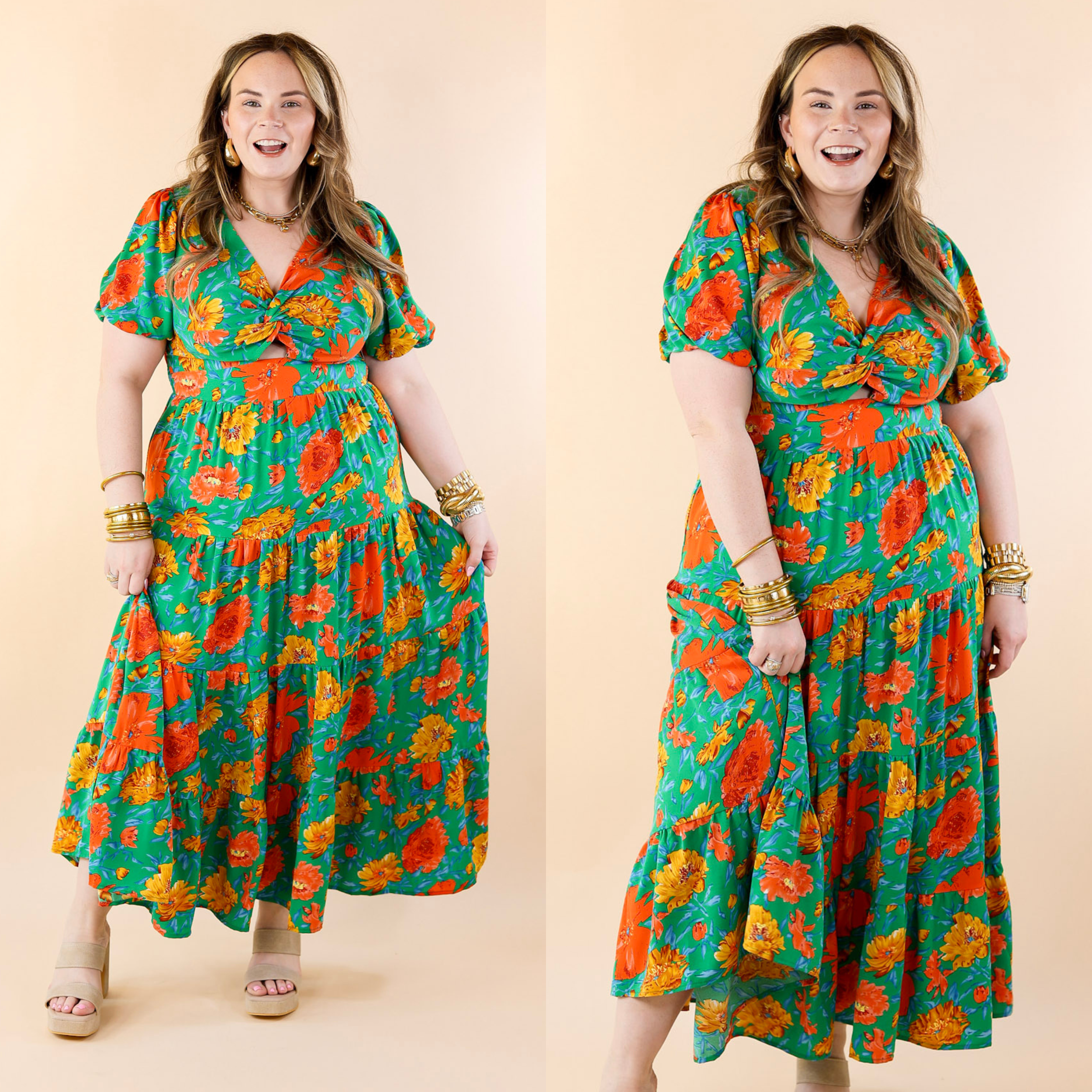 Botanical Bliss Floral Tiered Maxi Dress in Green - Giddy Up Glamour Boutique