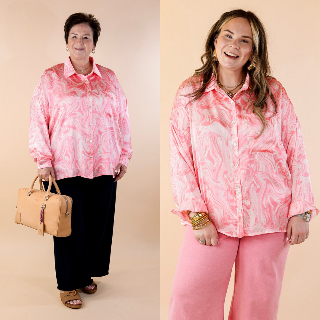 Pack A Punch Button Up Satin Marble Print Top in Pink - Giddy Up Glamour Boutique