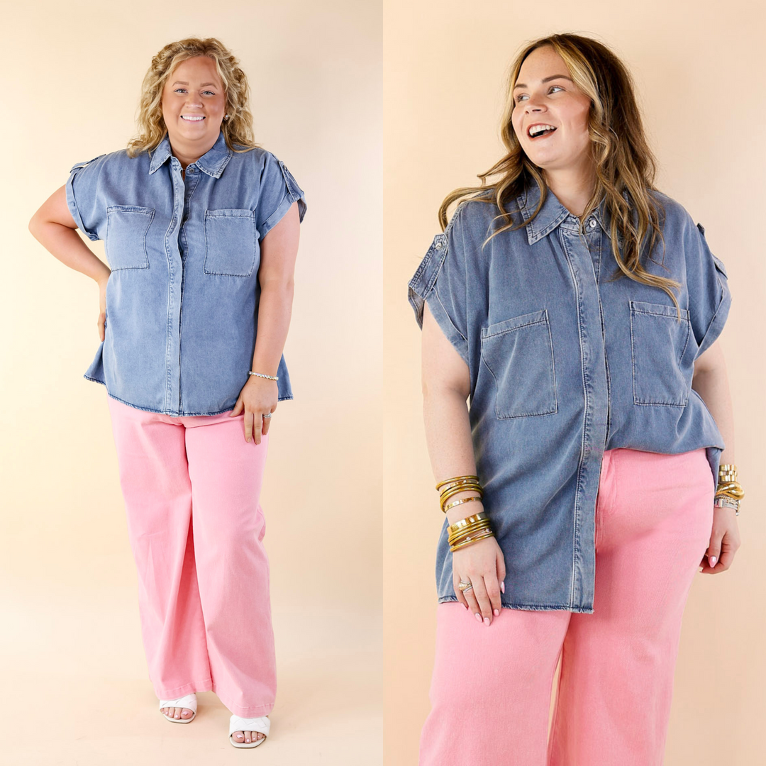Fast Forward Denim Hidden Button Up Top with Short Sleeves in Medium Wash - Giddy Up Glamour Boutique