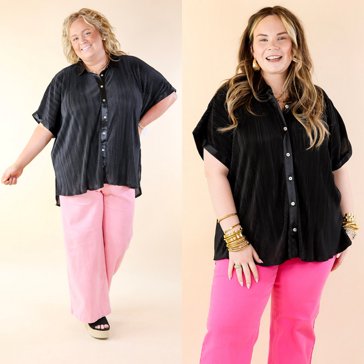 Walking In Paradise Plissé Button Up Top in Black - Giddy Up Glamour Boutique