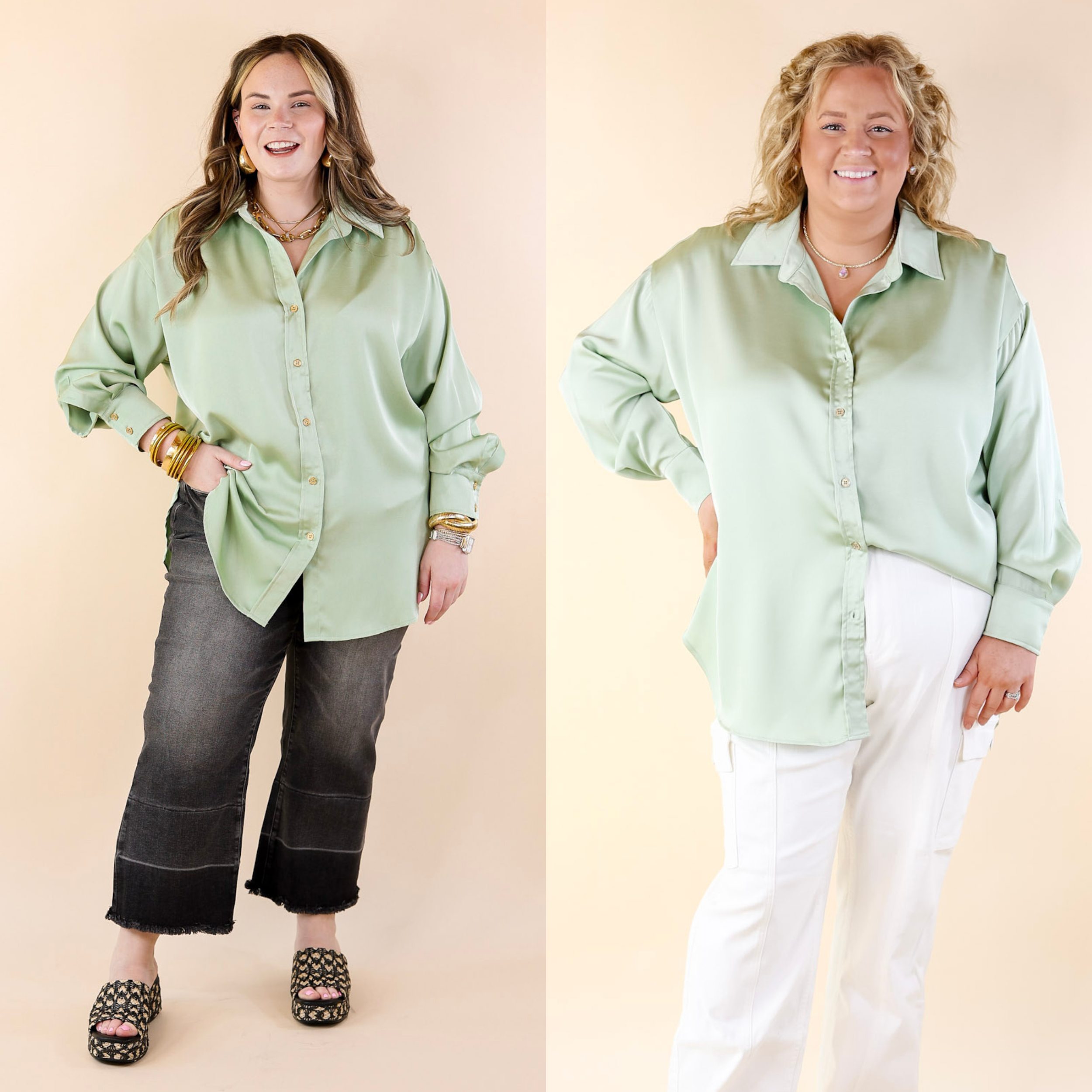 Tell Me Something Good Long Sleeve Button Up Top in Sage Green - Giddy Up Glamour Boutique
