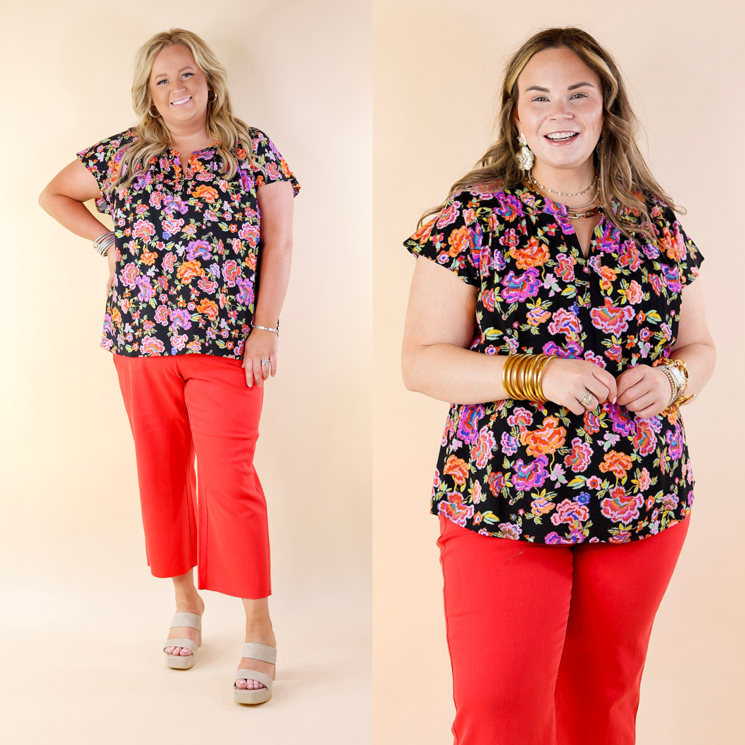 Whimsical Wonder Floral Print Top with Notched Neckline and Drop Sleeves in Black - Giddy Up Glamour Boutique