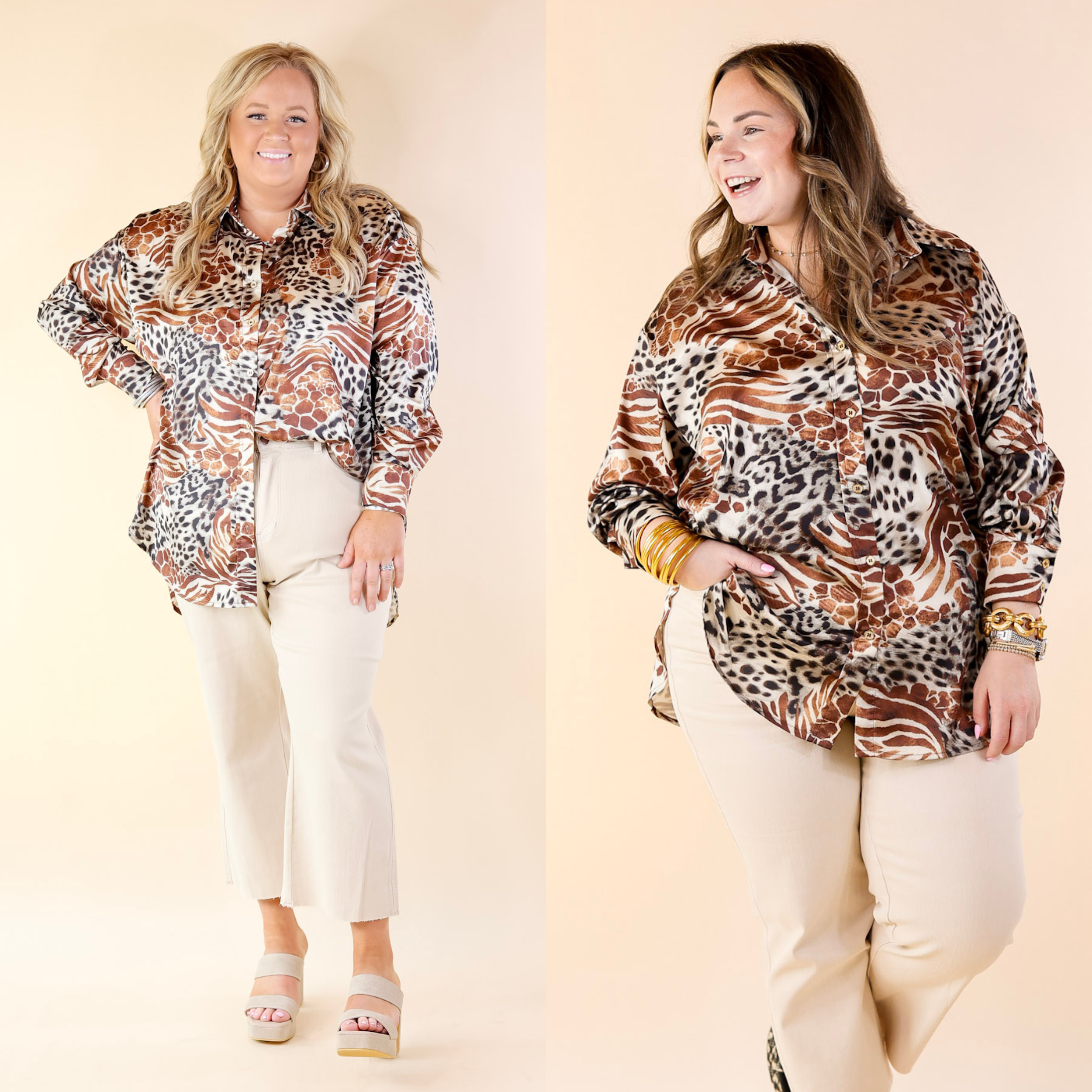 Tell Me Something Good Mixed Animal Print Long Sleeve Button Up Top in Brown - Giddy Up Glamour Boutique