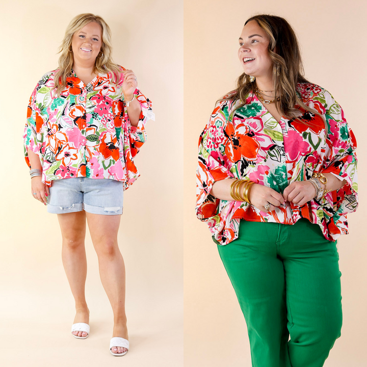 Sailing Away Floral Button Up Poncho Top in Red Mix - Giddy Up Glamour Boutique