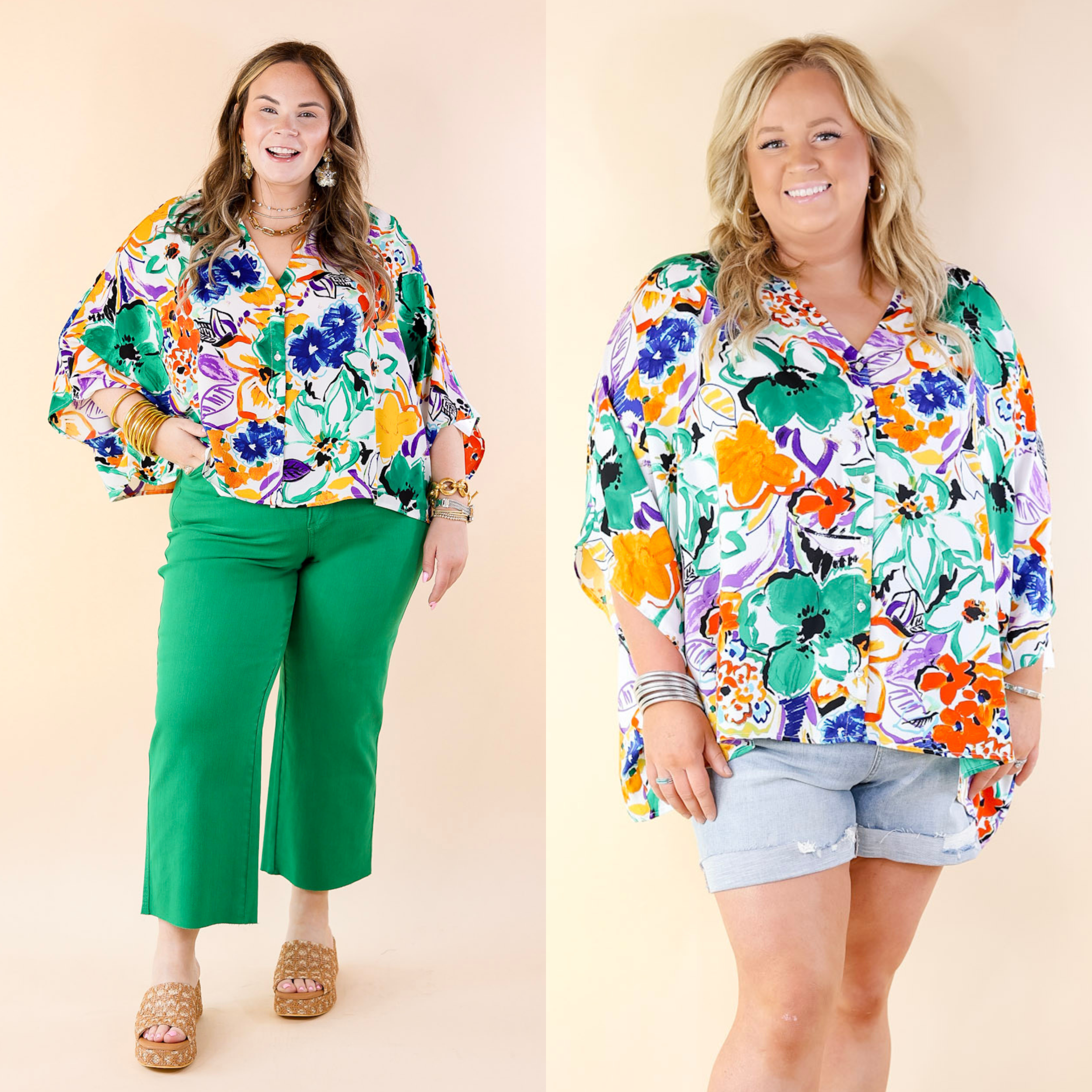 Sailing Away Floral Button Up Poncho Top in Green Mix