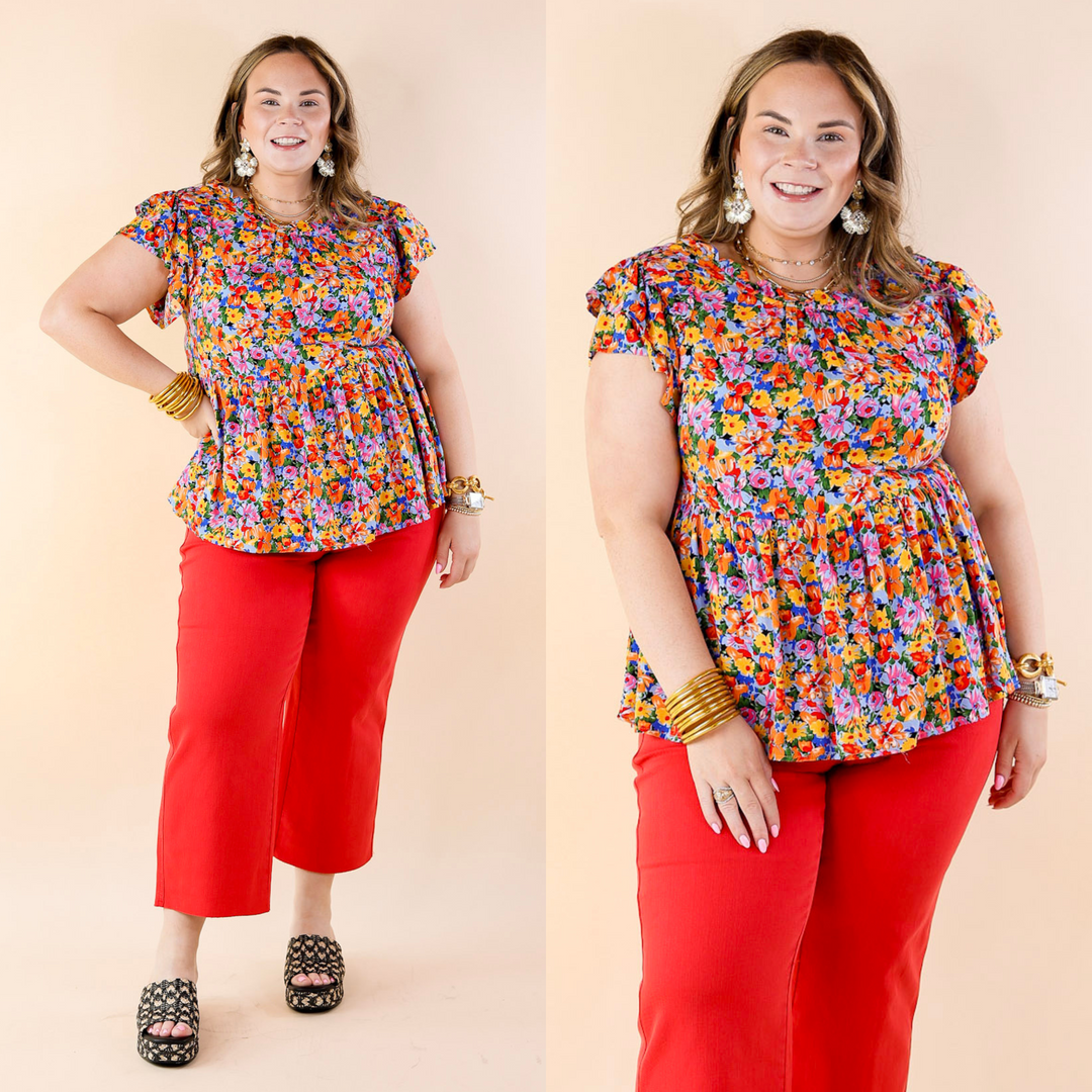 Hello You Floral Print Top with Ruffle Cap Sleeves in Blue Mix - Giddy Up Glamour Boutique