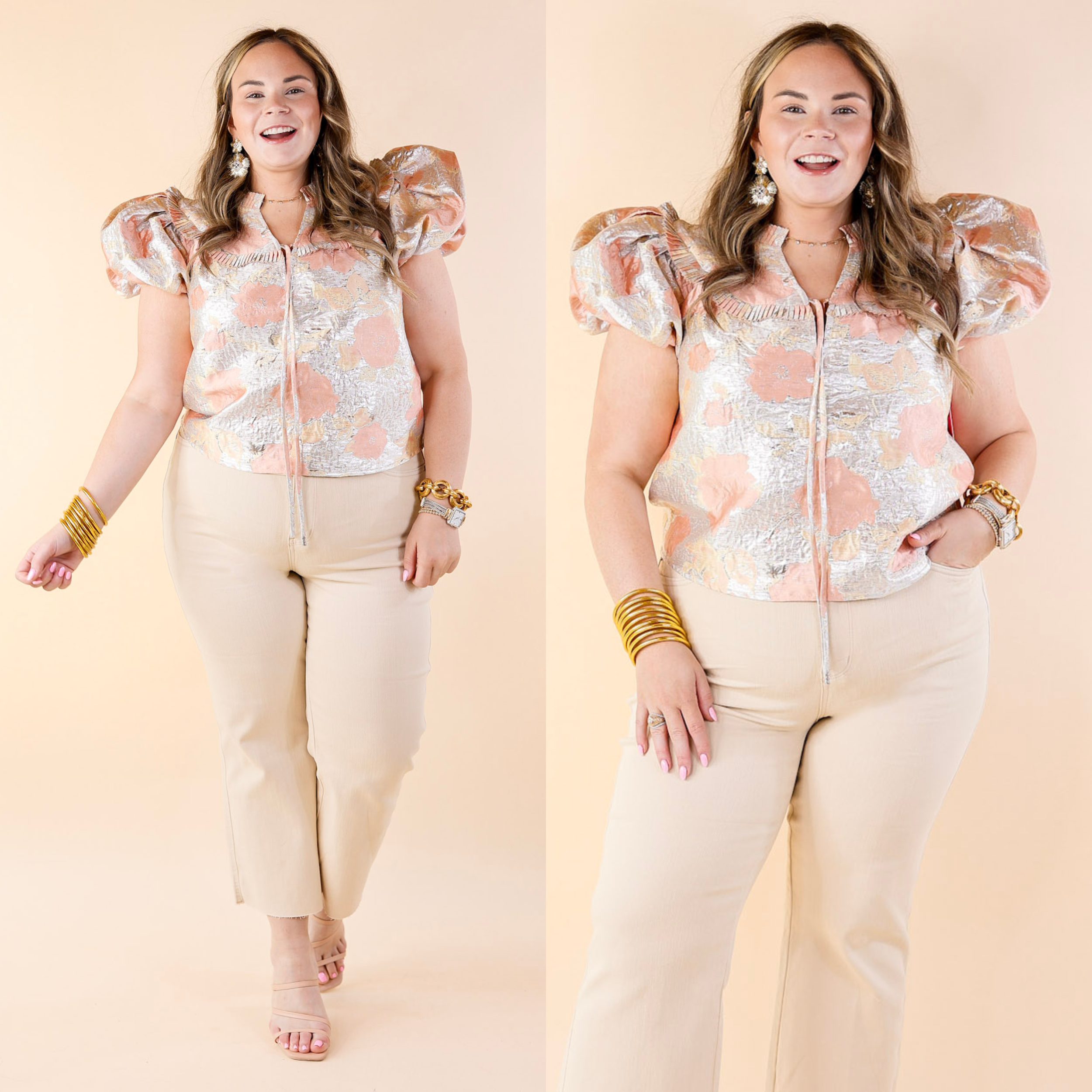 BuddyLove | Leeland Puff Sleeve Top in Sugar Cube (Silver and Peach) - Giddy Up Glamour Boutique