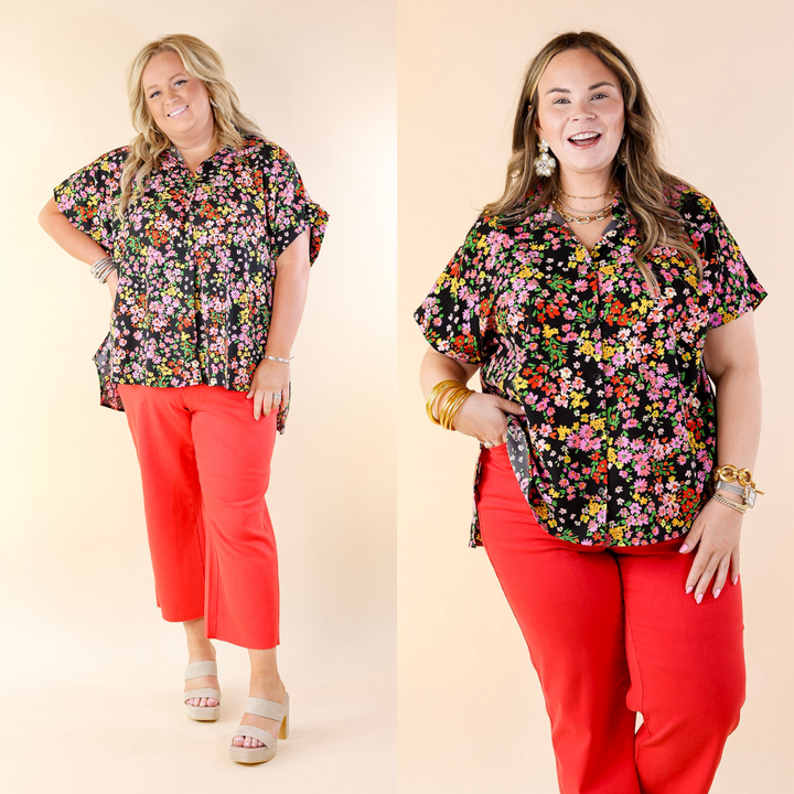 Adventure Awaits Floral Print Top with Collar in Black - Giddy Up Glamour Boutique