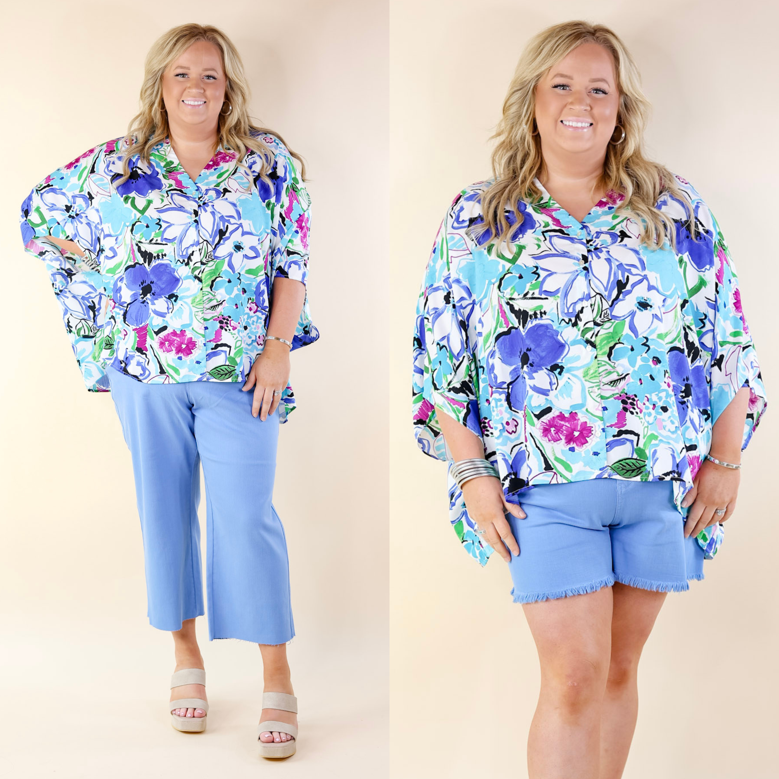 Sailing Away Floral Button Up Poncho Top in Blue Mix - Giddy Up Glamour Boutique