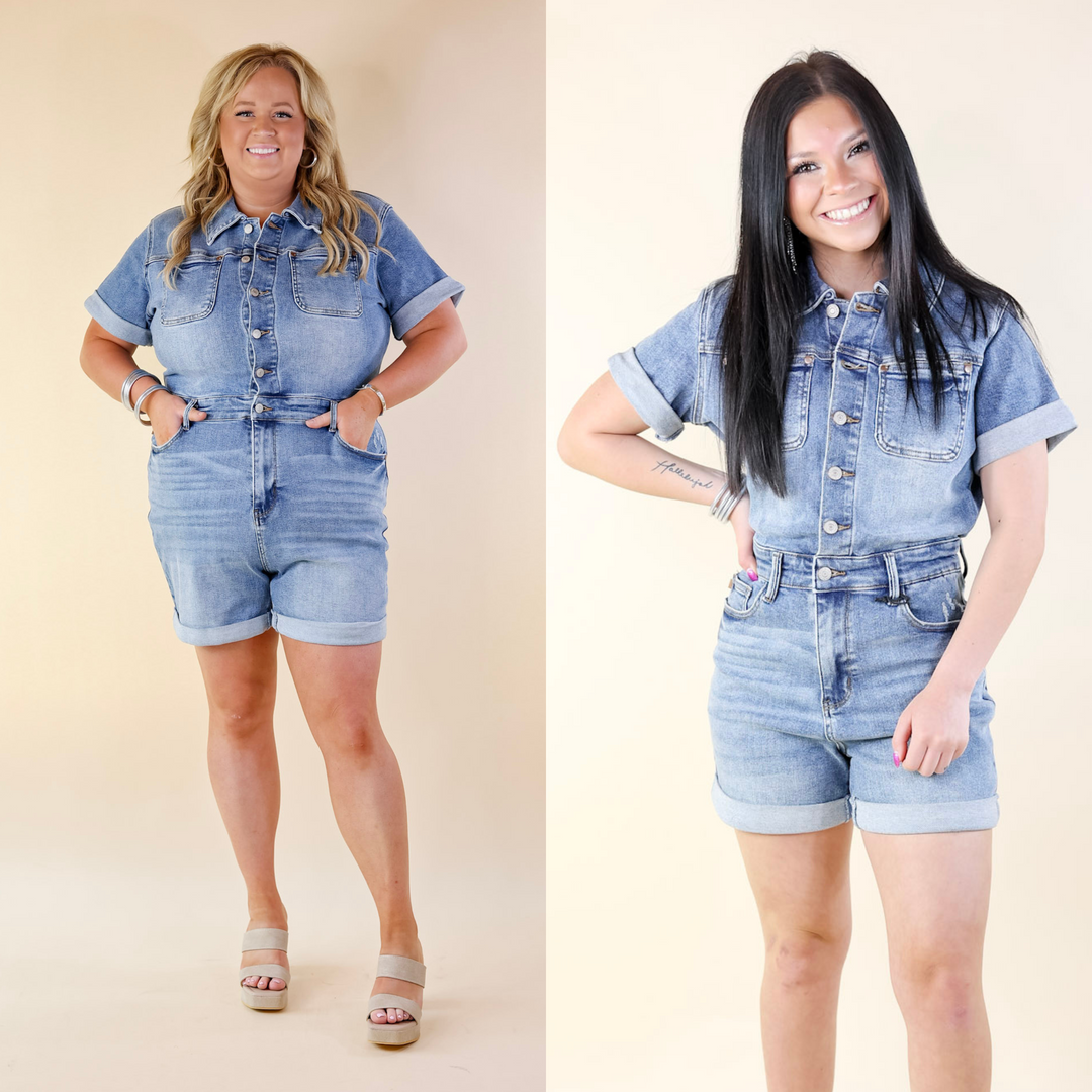 Judy Blue | Sunshine Serenade Short Sleeve Denim Romper in Medium Wash - Giddy Up Glamour Boutique