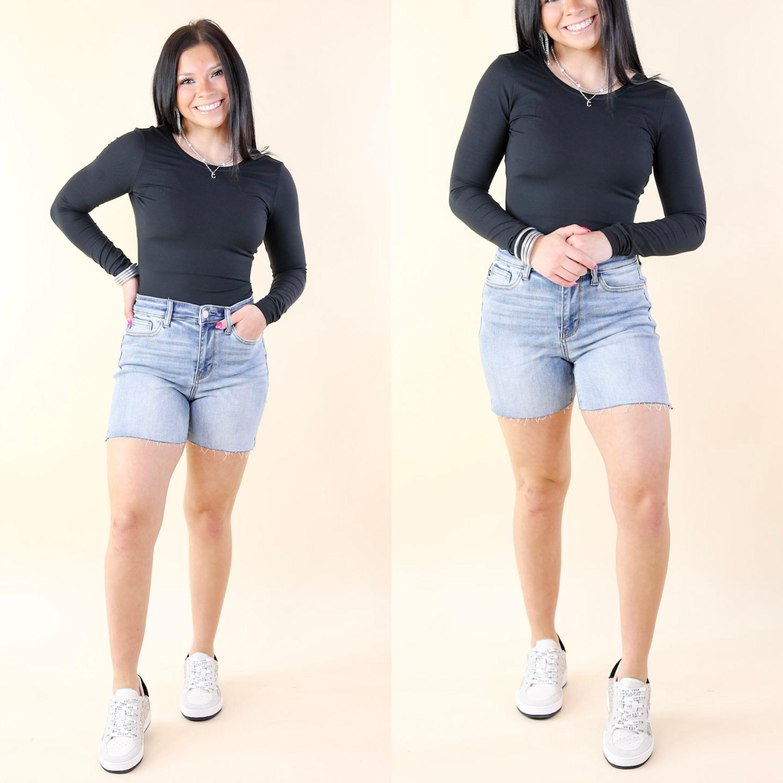 Judy Blue | Seaside Stroll Mid Rise Cut Off Hem Shorts in Medium Wash - Giddy Up Glamour Boutique