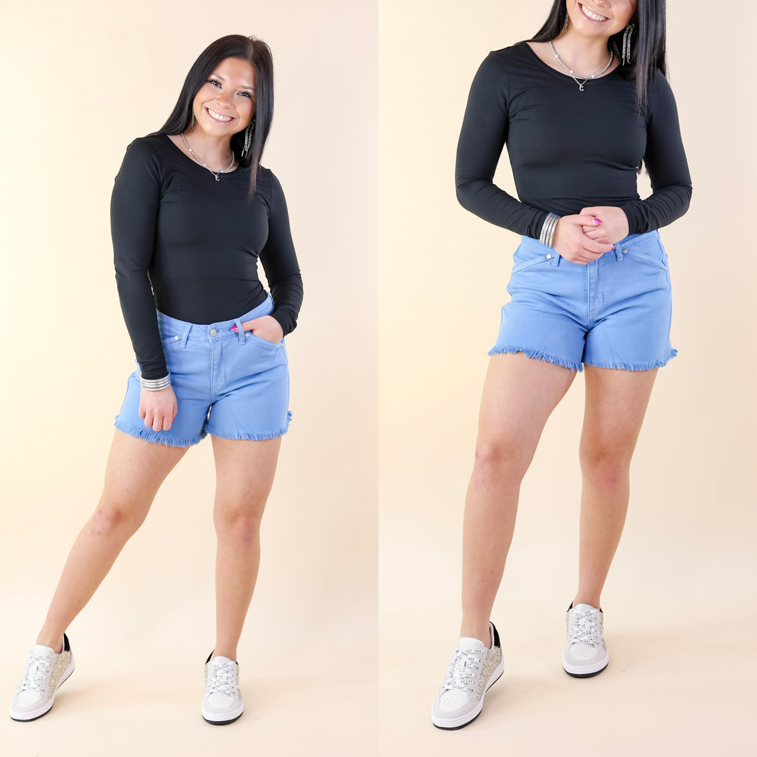 Judy Blue | Sunlight Spectrum Garment Dyed Fray Hem Shorts in Sky Blue Wash - Giddy Up Glamour Boutique