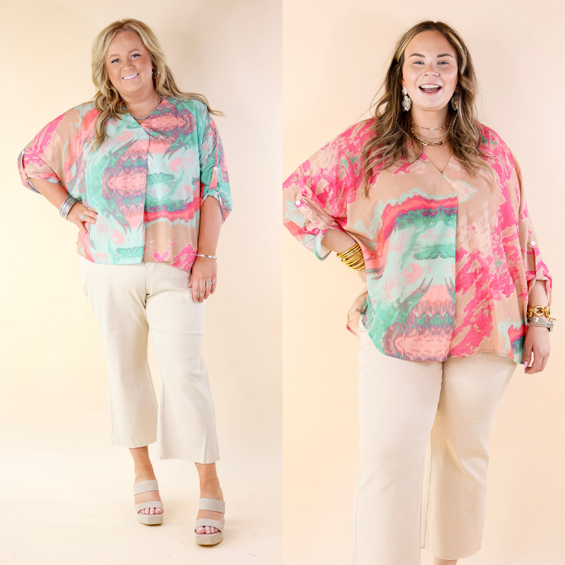 Colorful Dreams Half Sleeve Top With Pink Marble Print in Beige - Giddy Up Glamour Boutique
