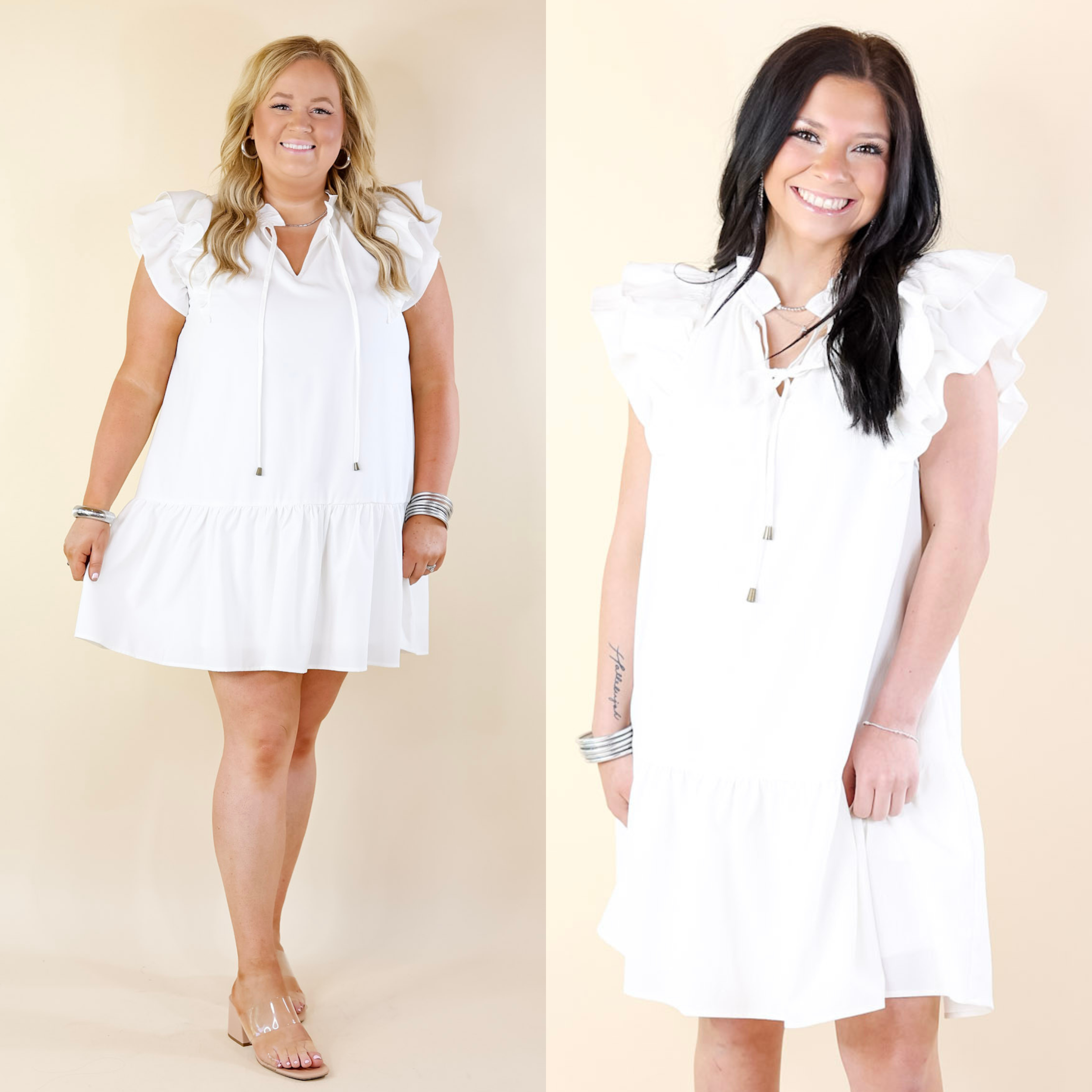 Powerful Love Ruffle Cap Sleeve Dress with Keyhole and Tie Neckline in Ivory - Giddy Up Glamour Boutique